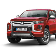 A red Mitsubishi L200 pickup truck shown from a front three-quarter angle on a clean white studio background. The front bar Steeler